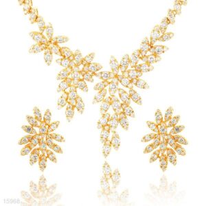 Asymmetric Palm Leaf Necklace & Stud Set – Gold Plated Formal Jewelry with Clear Zircons