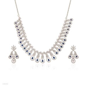 Silver Blue Floral Drop Choker Necklace & Earrings Set – Rhodium Plated Party Jewelry