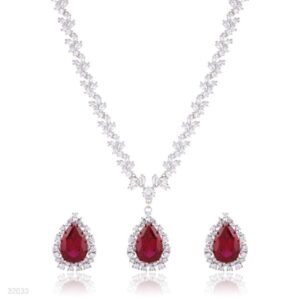 Red Wreath Drop Necklace & Earrings Set – Rhodium Plated Silver Formal Party Jewelry
