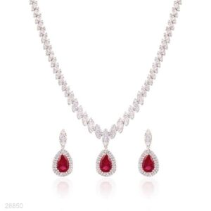 Fancy Red Pear Drop Jewelry Set – Rhodium Plated Silver Necklace & Earrings for Parties
